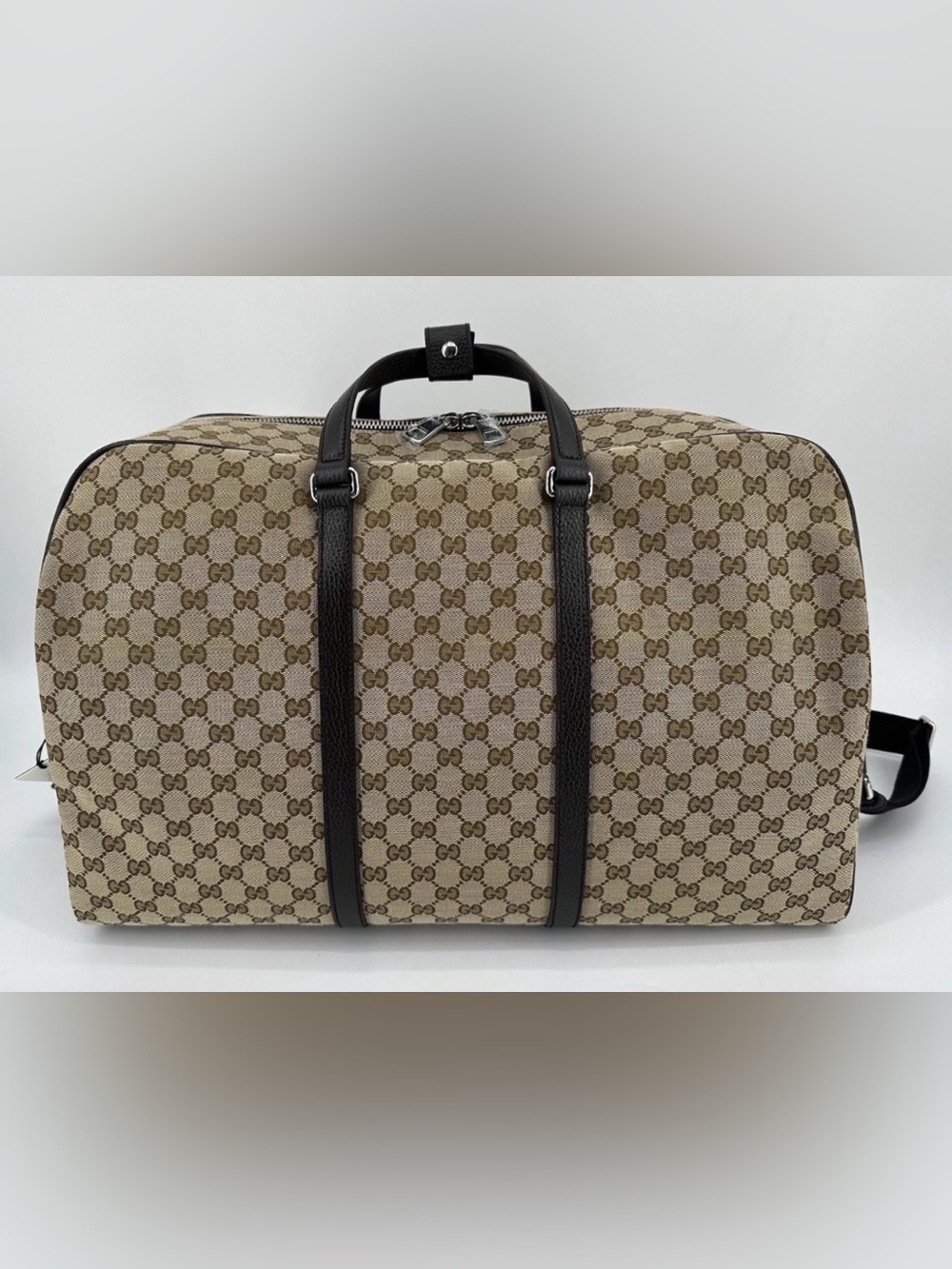Authentic GUCCI Large GG Logo Beige Canvas Brown Leather Carry on Duffle Bag - Picture 9 of 16